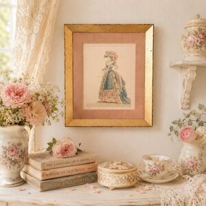 1950 Vintage Regency French Lady Fashion Portrait Print 12" Wall Art Gold Frame